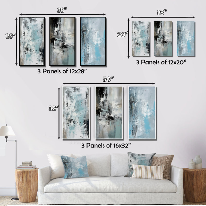 «Serene Subtility In Abstract Light Blue», 3 pièces sur toile, Encadrement doré, H 28 po x l 36 po
