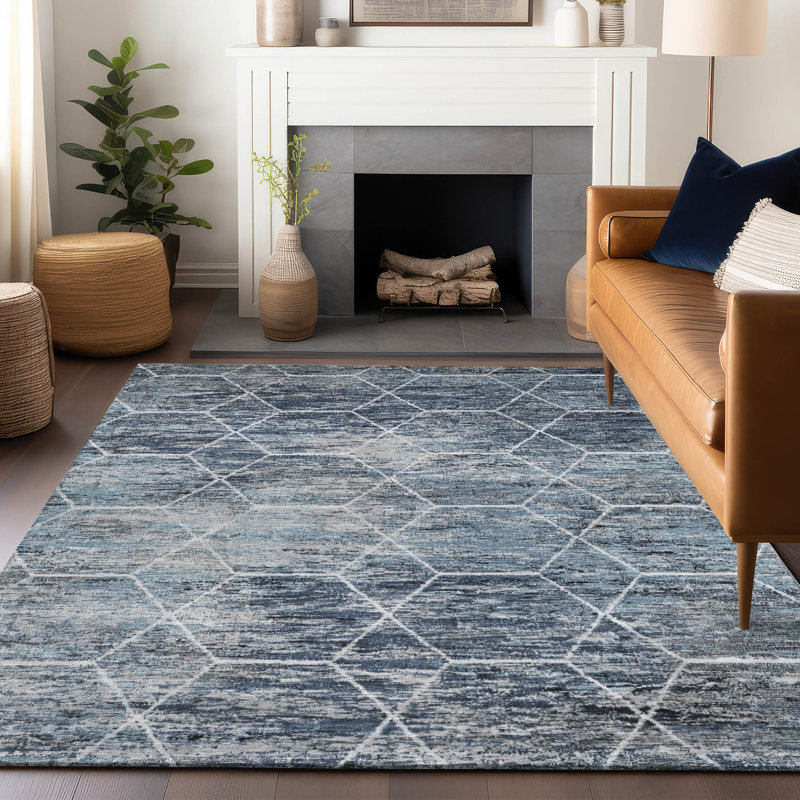 Machine Washable Indoor/Outdoor Xhevrie Blue Rug, Rectangle 9' x 12'