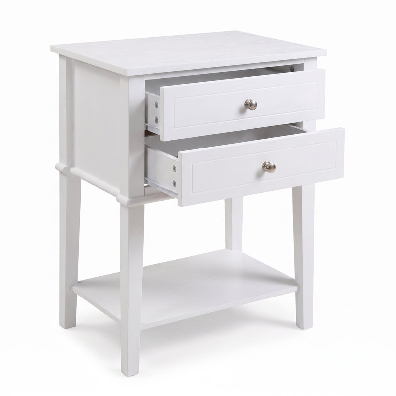 Table de chevet 2 tiroirs avec rangement 25,6 po, blanc, Blanc, 28.07'' H X 25.6'' W X 15.4'' D