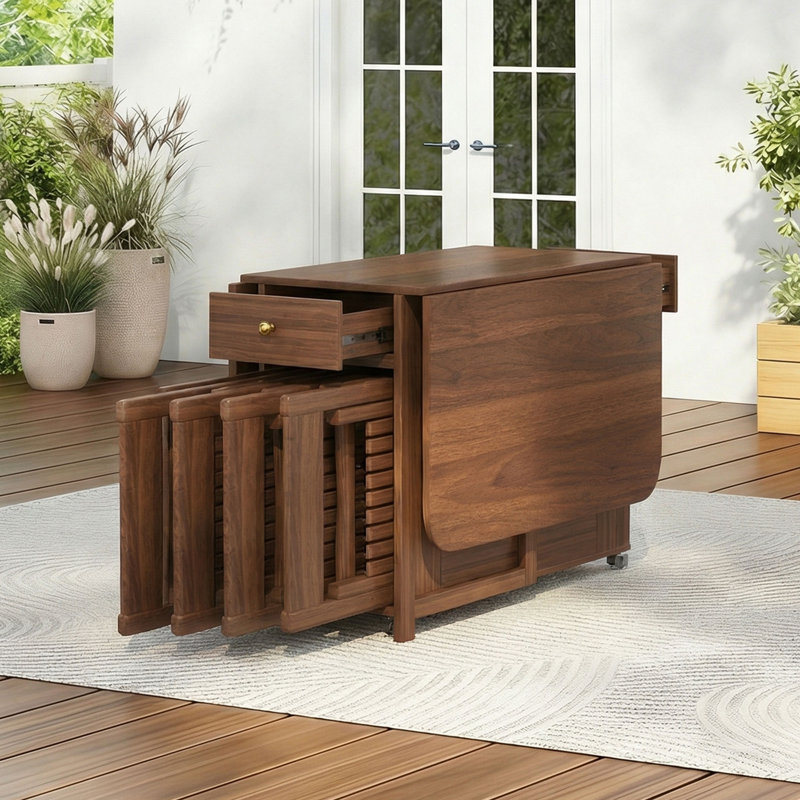 Space Saving Folding Drop Leaf Kitchen Dining Table with 4 Hidden Chairs, Fully Assembled, Walnut, 51"