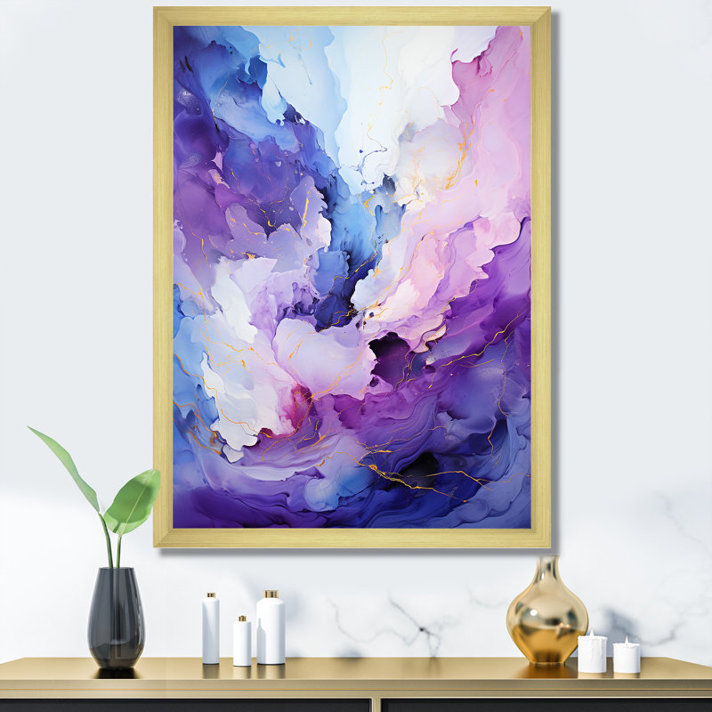 "Mauve et bleu" Mystic Melody I - Collages abstraits, art mural, Encadrement doré, H 40 po x l 30 po x P 1,5 po