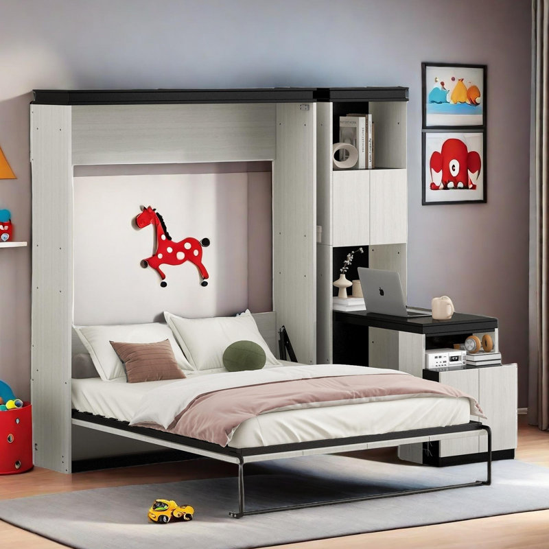 Lit escamotable moderne avec bureau, tablettes de rangement et armoires
