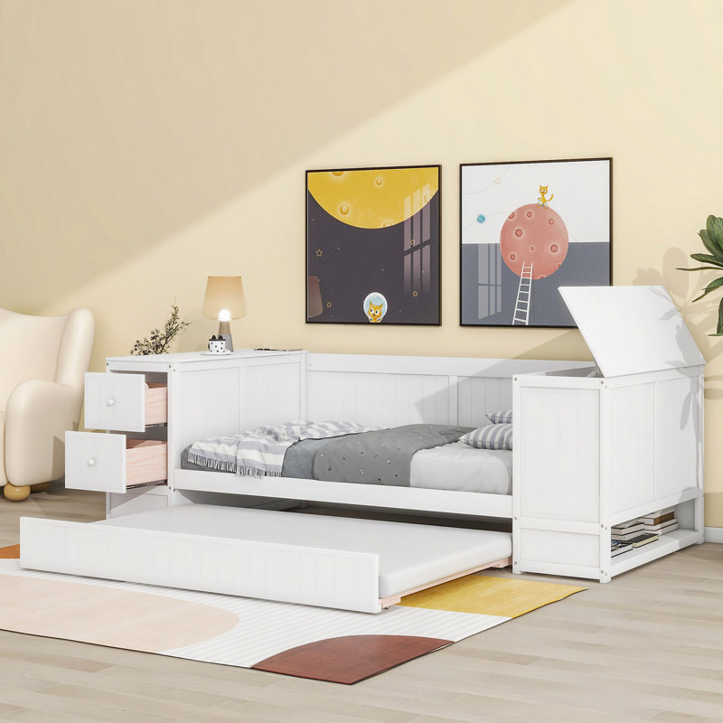 Lit de jour avec accoudoirs de rangement, lit gigogne et station de charge