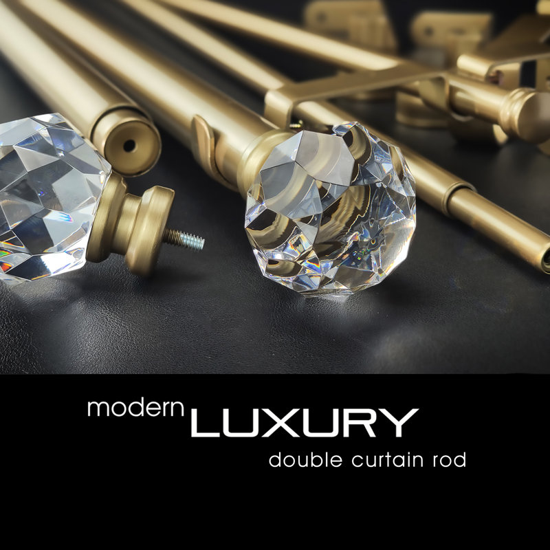 Gold Adjustable Double Curtain Rod with Crystal Finials