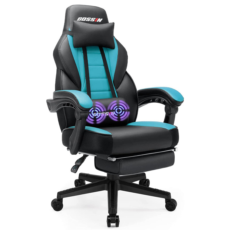 BOSSIN Gaming Chairs with Footrest, Ergonomic Computer Game Chairs with Lumbar Support, Blue/Black