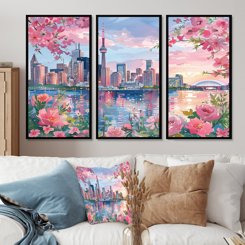 Touchet - ensemble d'impressions murales City Toronto, H 28 po x l 12 po x P 1 po, Toile avec cadre flottant noir