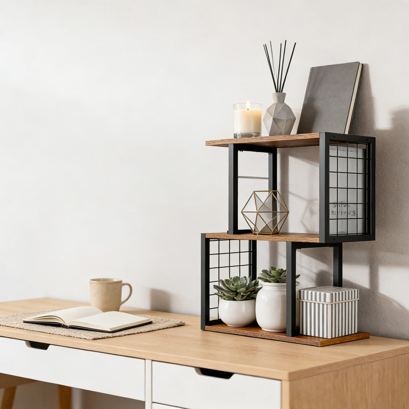 Bibliothèque de bureau à 3 niveaux et organisateur de bureau avec crochets, tablette de rangement robuste pour les espaces de travail sans encombrement