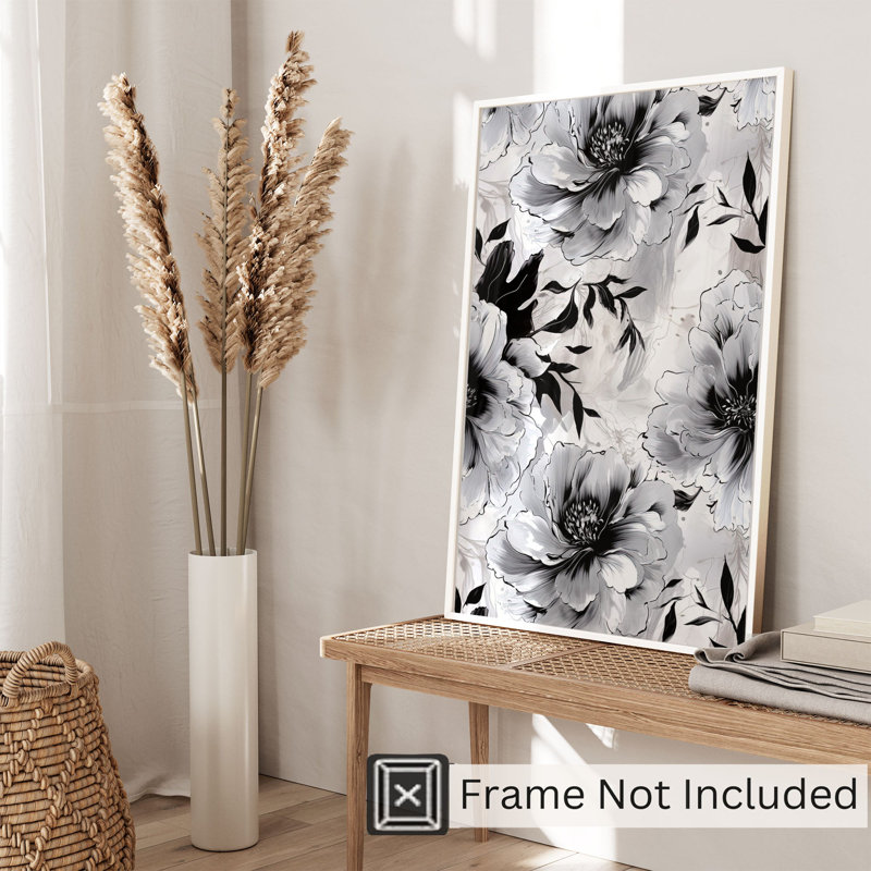 Motif floral noir et blanc III, H 14 po x l 11 po
