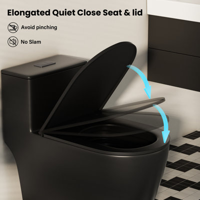 Modern Black 17" Comfort Chair Height Toilet Powerful Flush Elongated One-Piece Bathroom Toilet Bowl, Quiet Close Seat