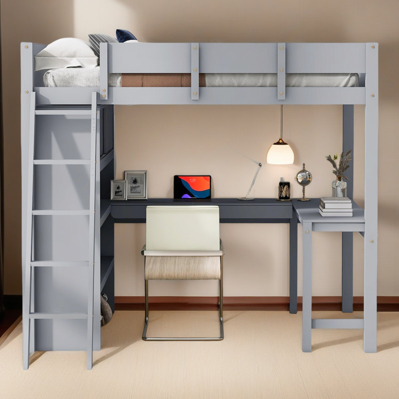 Full Size Loft Bed With Desk And Shelf, Grey