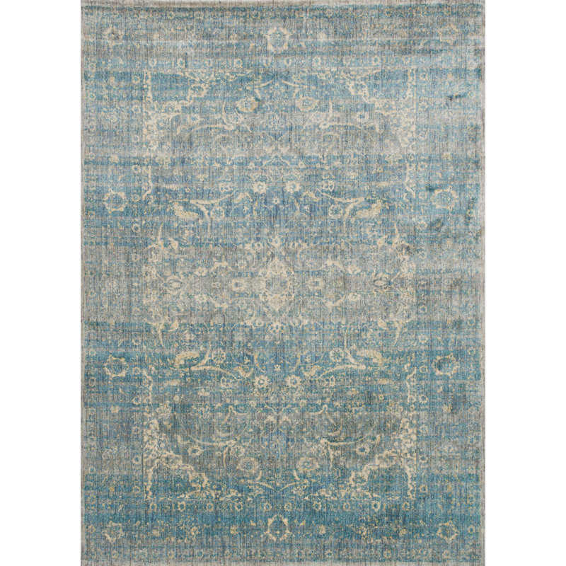 Tapis bleu sarcelle / beige Goggin, Rectangle 9 pi 6 po x 13 pi
