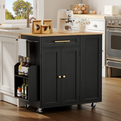 Îlot de cuisine avec prises de courant, chariot d'îlot de cuisine avec rallonge, 3 tablettes réglables ouvertes et tiroir, porte-serviettes
