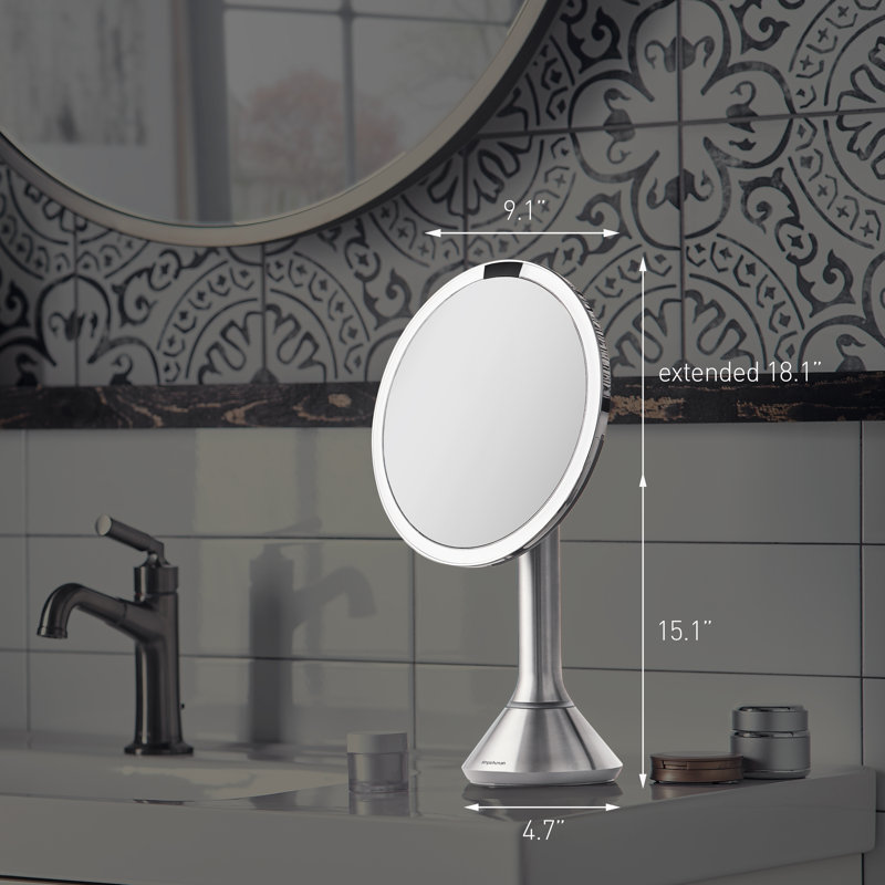 simplehuman 8" Round Sensor Makeup Mirror with Touch-Control Brightness, 5X Magnification, Cordless, Brushed