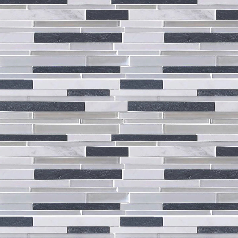 Iron Staircase Marble Slate & Glass Random Strips 12-In X 12-In Glass Mosaic Wall Tile(1-Sq. Ft/ Piece), Black/Beige/Gray
