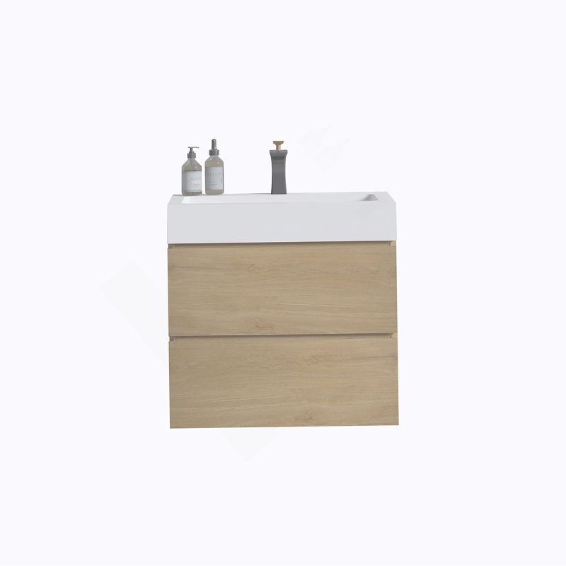 Meuble-lavabo mural 24 po en chêne naturel avec lavabo, grand meuble-lavabo mural flottant pour salle de bain moderne, lavabo une pièce blanc brillant sans bonde ni fauve