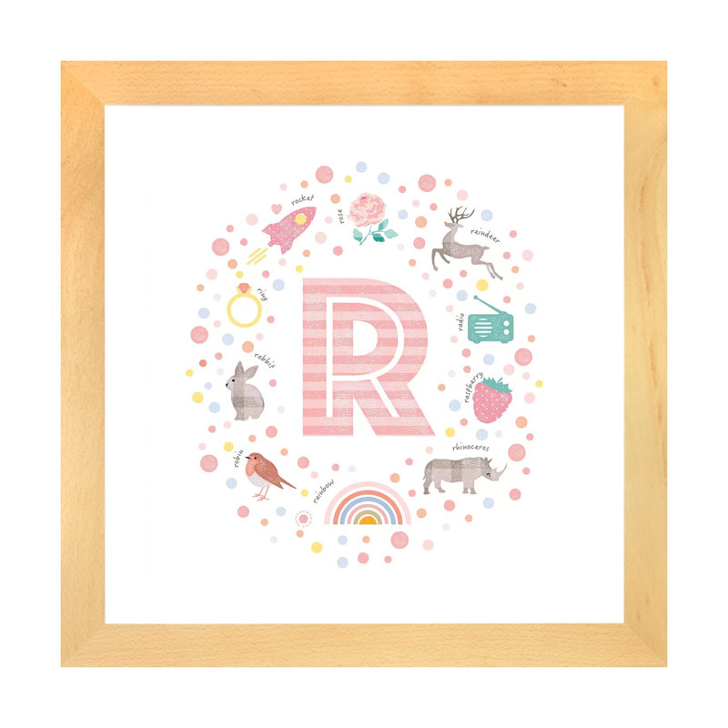 " Illustrated Letter R Pink ", Beige Framed Paper, White, 16" H x 16" W x 1" D