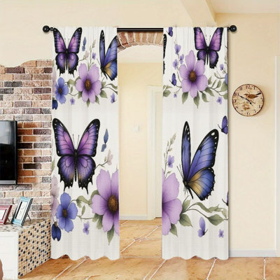 2Pcs Butterfly Floral Curtains, Purple Blue and Lavender Flower Pattern, Rod Pocket Light Filtering, Vibrant Nature Style, All-Season For Living Room Bedroom Home Decor