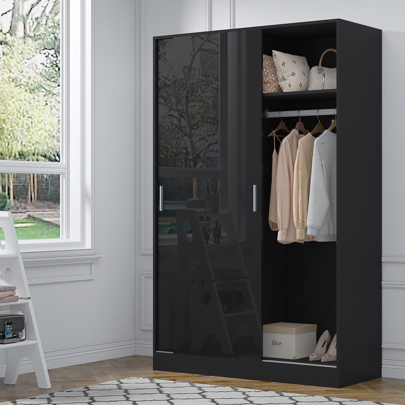 Eva XL High Gloss 2 Door Sliding Wardrobe - H: 180cm x D: 58cm x W: 120cm, Black Oak/Gloss Black