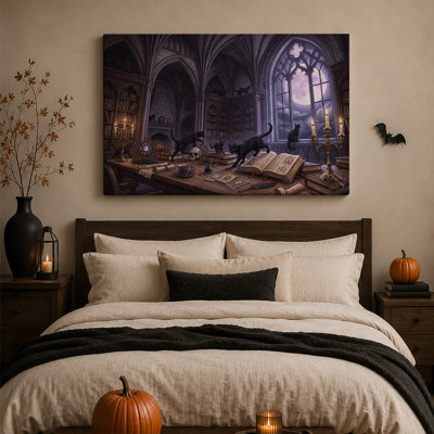 Black Cats in Gothic Library with Full Moon and Halloween Canvas Wall Art