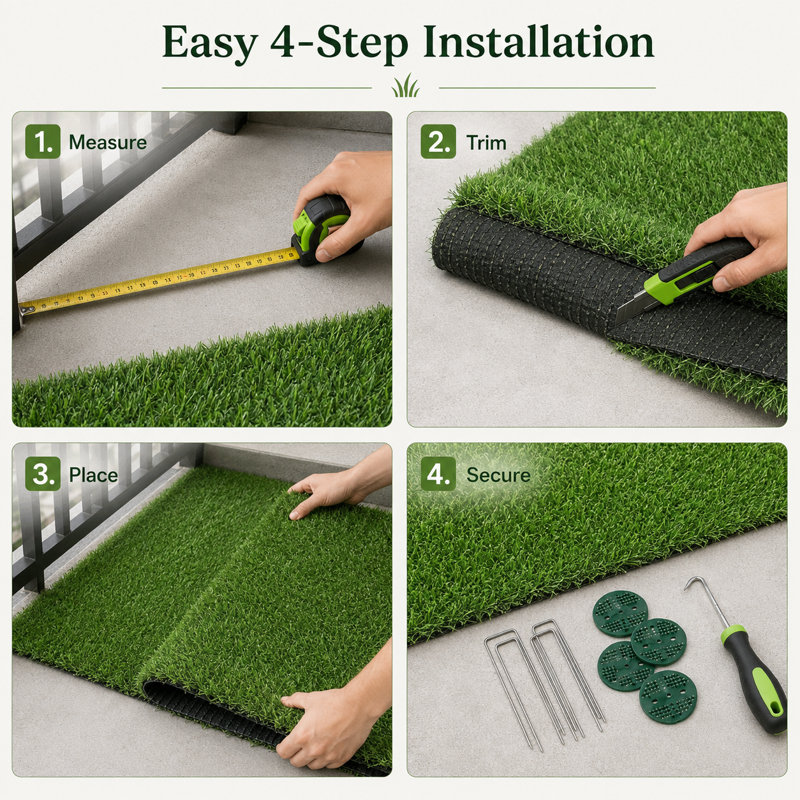 Gazon synthétique de 1,5 m x 3 m (50 pi²) avec une hauteur de poils de 2 cm (0,8 po), un support tissé noir en SBR, des trous de drainage et des accessoires d'installation.
