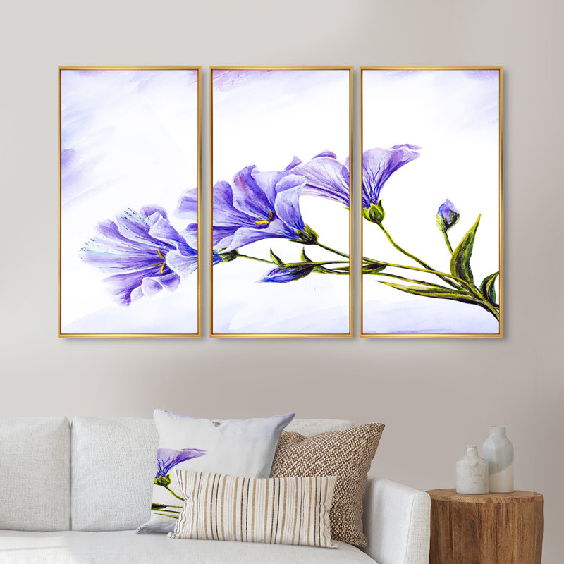 Fleurs bleues bleues - 3 pièces, peinture sur toile, Or, H 32 po x l 48 po