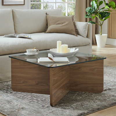Table basse en verre 31,5 pouces, table basse carrée moderne de style Mid-Century, table basse de salon en bois, table basse carrée avec plateau en verre trempé