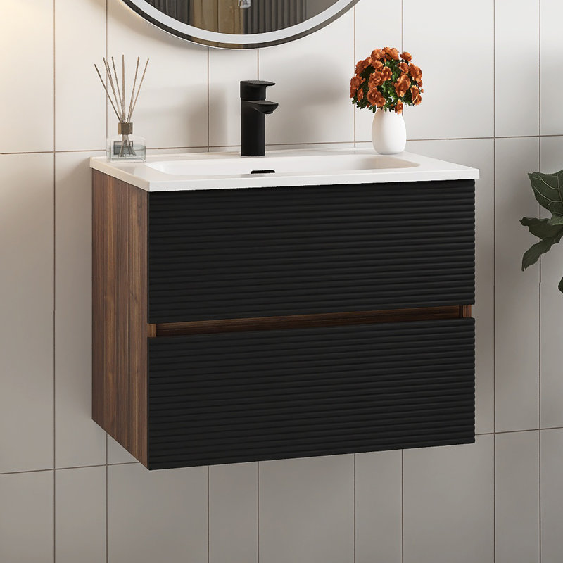 24" Wall Mounted Bathroom Vanity With Integrated Ceramic Sink, Black/Brown