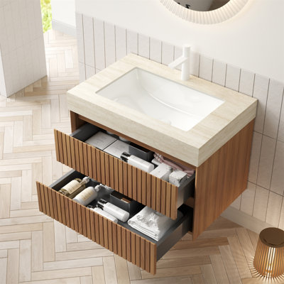 Meuble-lavabo 30 po, armoire de rangement flottante rayée en contreplaqué avec 2 tiroirs, plateau en pierre frittée à motif de travertin avec vasque encastrée en céramique, pré-assemblé