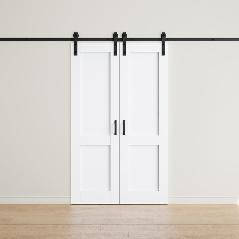 Panneau de porte entièrement assemblé, porte de grange coulissante double apprêt blanc, portes de placard en bois massif avec quincaillerie d'installation (fermeture en douceur incluse)