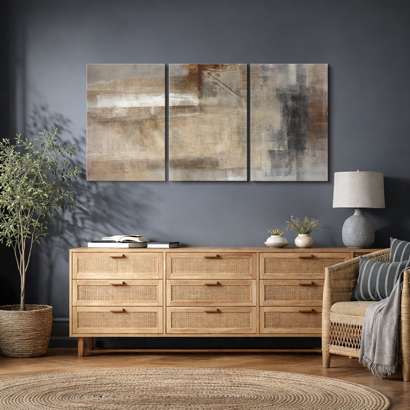 Grunge Abstract Paint Stroke Effect "Neutral Tan Brown Artwork, Rustic Living Room Wall Pictures, Large Framed Canvas Giclee Print 3 Pieces Wall Art Set" 16"x24"x3 pcs, 24"x36"x3 pcs