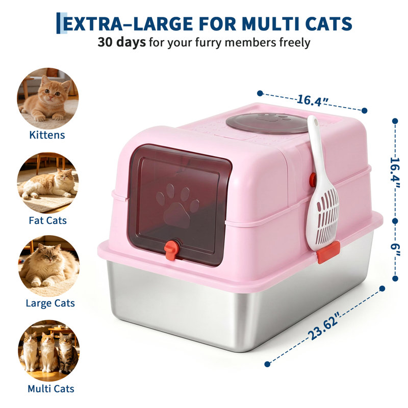 Bac à litière en acier inoxydable entièrement fermé et résistant aux chiens, avec couvercle, bords hauts, entrée frontale et sortie par le haut, conception anti-fuites, pelle incluse, idéal pour les grands foyers et les foyers avec plusieurs chats - Rose