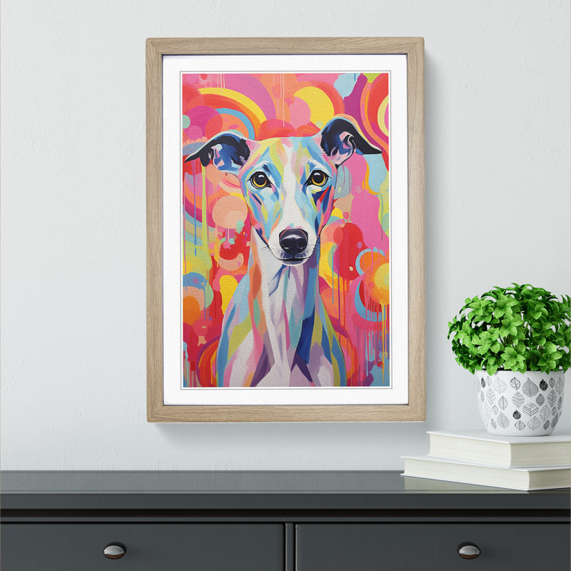 Whippet Colour Field Art - Framed Print, Oak Framed, 34cm H x 25cm W