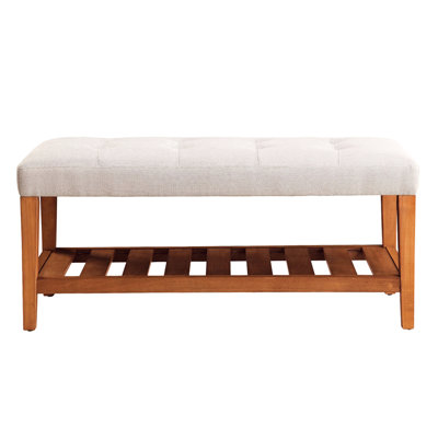Gray Fabric Bench, Open Shelf, Oak Finish, Padded Seat Cushion Storage, Tapered Legs,