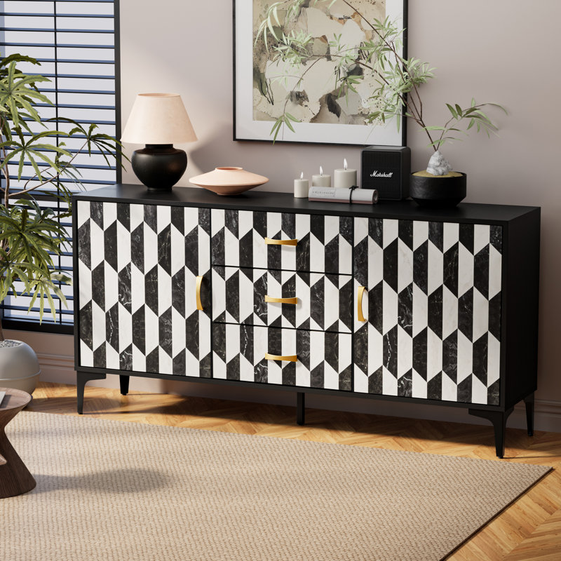 58.9" W 2 Doors 3 Drawers Marble Pattern  Sideboard