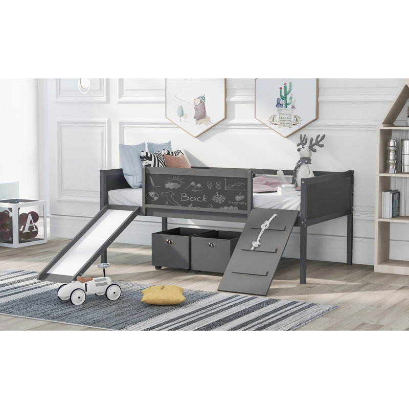 Lit mezzanine simple en bois avec deux boîtes de rangement, Gris