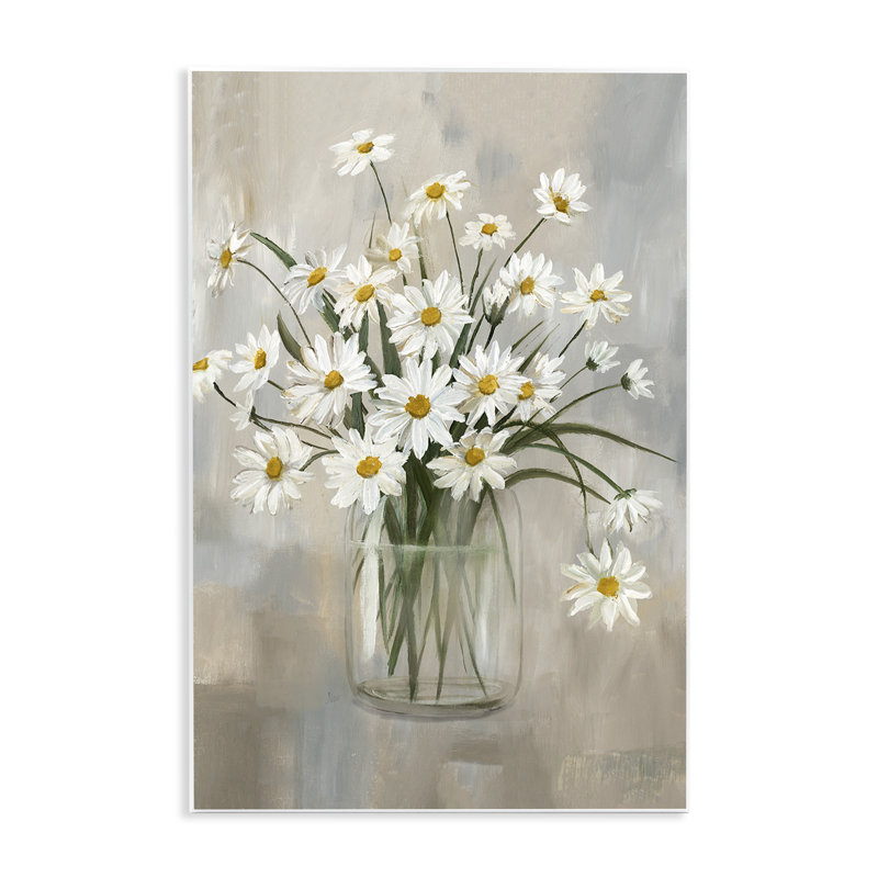 «Pots Daisy Bloom Bouquet», art mural sur bois par Nan, H 19 po x l 13 po