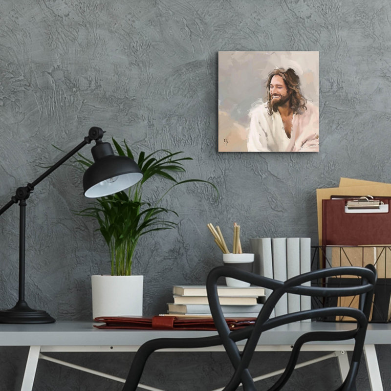 Art mural en verre "Joyful Grace - Sourire Jésus Christ" par Ivan Guaderrama, H 12 po x l 12 po x P 0,13 po
