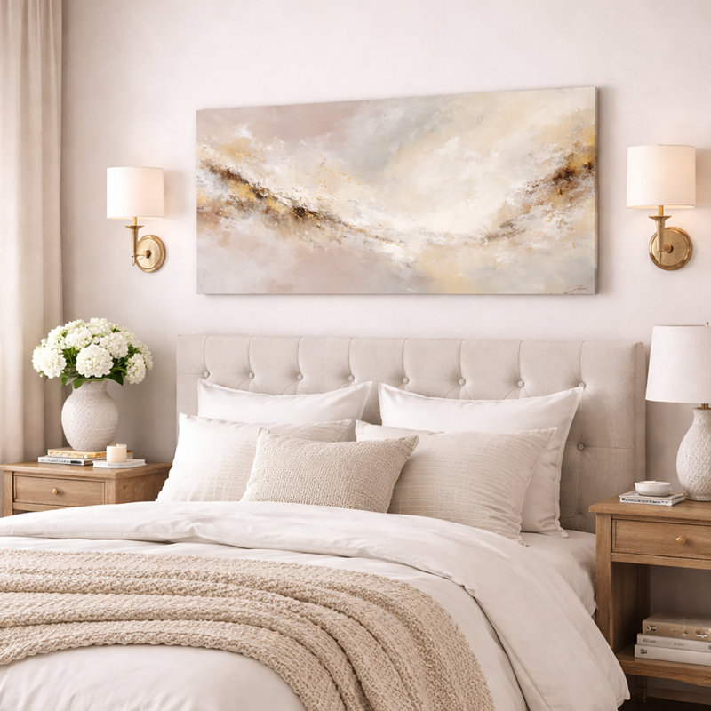 Art mural moderne neutre abstrait avec accents dorés appliqués à la main sur toile tendue, H 24 po x l 48 po