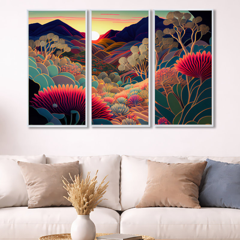 Fleurs colorées pendant l'heure dorée I - Paysage montagnard, ensemble d'art mural sur toile, H 20 po x l 36 po