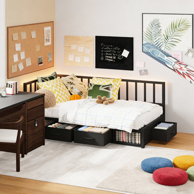 Lit d'angle simple en métal noir avec tiroirs à DEL et de rangement, convient aux chambres à coucher de petits espaces, 3 tiroirs profonds et 2 espaces de rangement ouverts, parfait