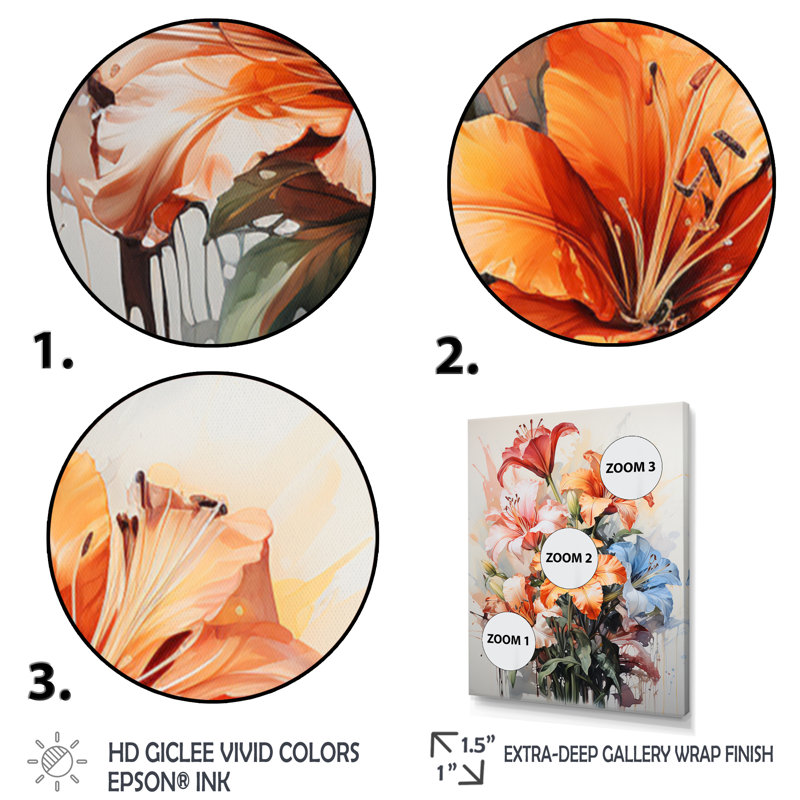 Représentation de lys, acrylique multicolore III sur toile, H 44 po x l 34 po x P 1,5 po, Cadre flottant doré