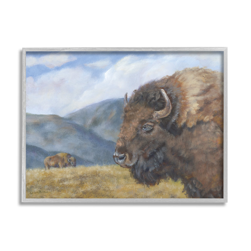 Paysage de campagne avec des bisons et des pâturages, paysage nuageux par Pam Britton - Peinture, Estampe numérique Farmhouse