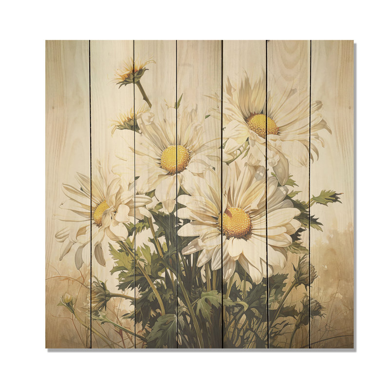 Fleurs blanches dans une forêt - marguerite sur bois, H 15 po x l 15 po