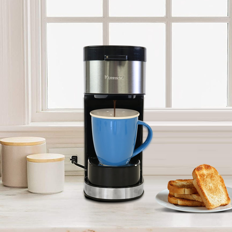 Kenmore Single Serve Coffee Maker with Stainless Steel Travel Mug, K-Cup & Ground Coffee Compatible, Hot & Iced Brewing, 6–14 oz Brew Sizes