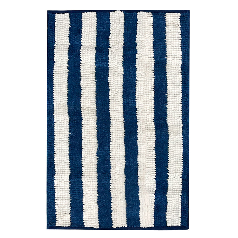 36"X24" - Blue White Stripe Large Soft Cozy Plush Chenille Bath Mat Bathroom Rug, Blue