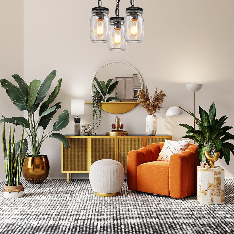 3-Light Mason Jar Pendant Light Fixture, Farmhouse Industrial Clear Glass Pendant Lighting Rustic Ceiling Light