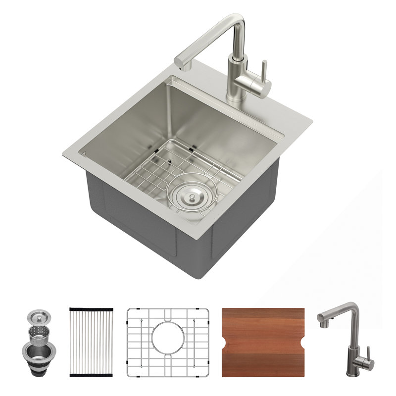 Évier de cuisine à cuve simple à montage sur plan en acier inoxydable de calibre 16 avec robinet coulissant L 15 po x l 17 po