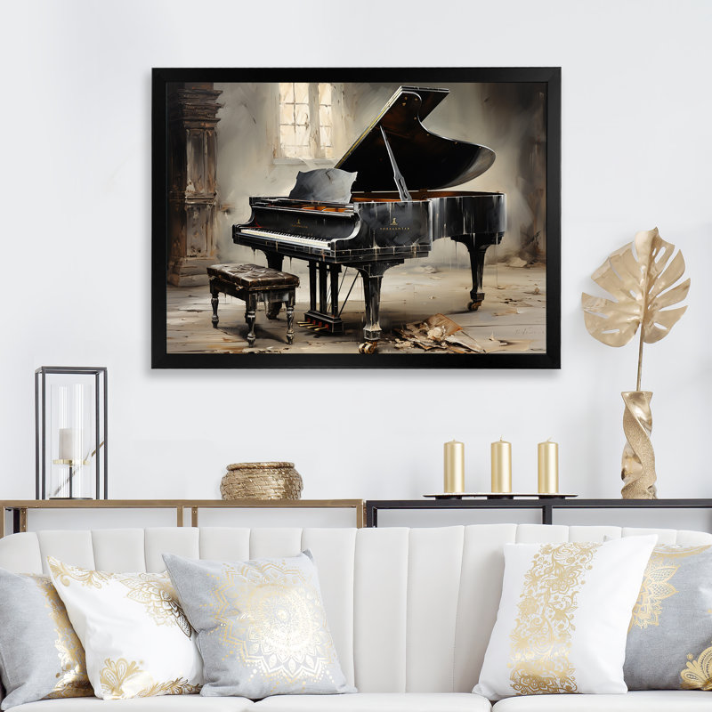 Minimalisme Grand Piano Melody II - Piano, art mural, Cadre flottant noir, H 16 po x l 32 po x P 1 po