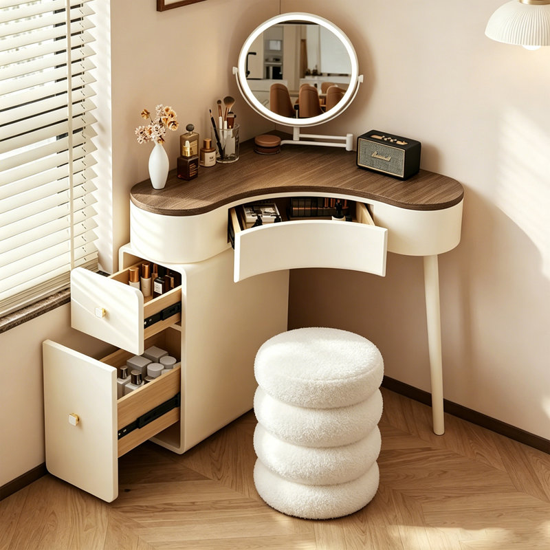 Table de coiffeuse de coin Mid-Century en bois massif avec armoire à tiroirs et tabouret rond