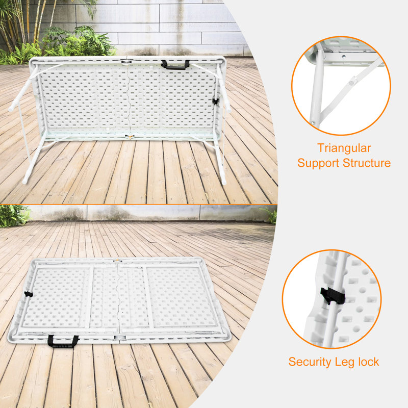 4Ft Portable Folding Camping Table, White, Indoor And Outdoor Inspecting, 135Kg Max Weight Interrupting Capacity, Foldable With Fixed Holding Tool, Smooth Waterproof Tabletop Space, Stable Triangular
